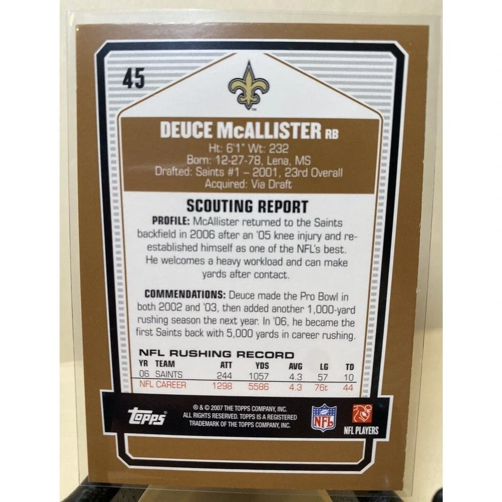 Deuce McAllister 2007 Topps Draft‎ Picks Prospects DPP New Orleans Saints #45 - Picture 2 of 2